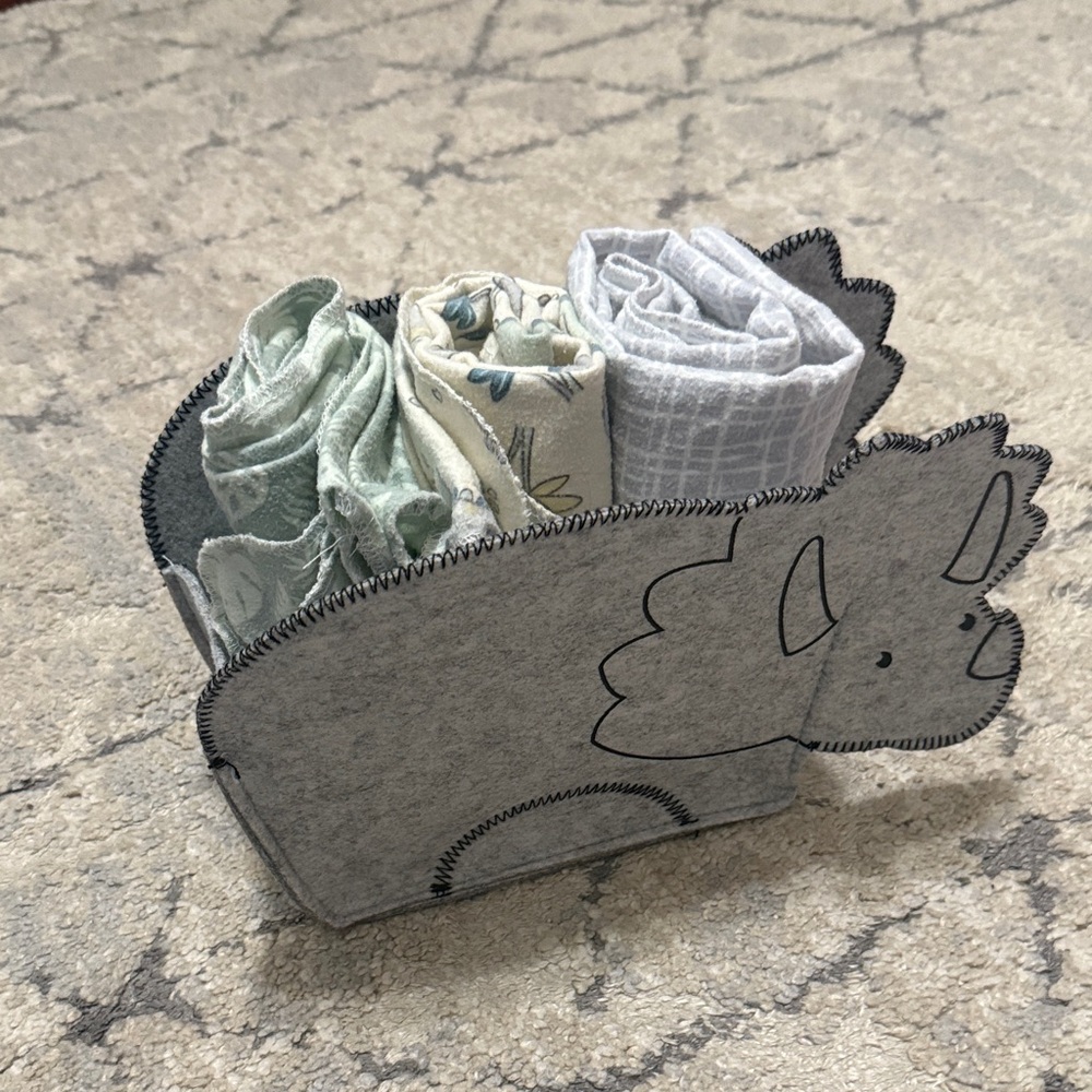 Gray Dinosaur Felt basket with baby blankets